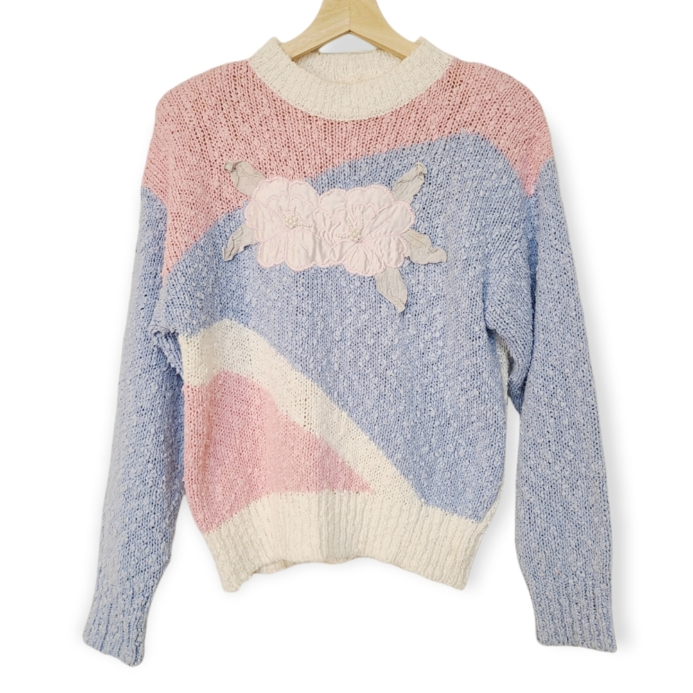 Vintage 80s Cottagecore Floral Satin Embellished Pearl Applique Sweater